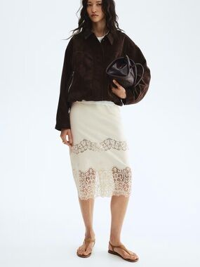 H&M Embroidered Cotton Skirt Light Beige High Waist Pencil Knee Length NWT Sz 10